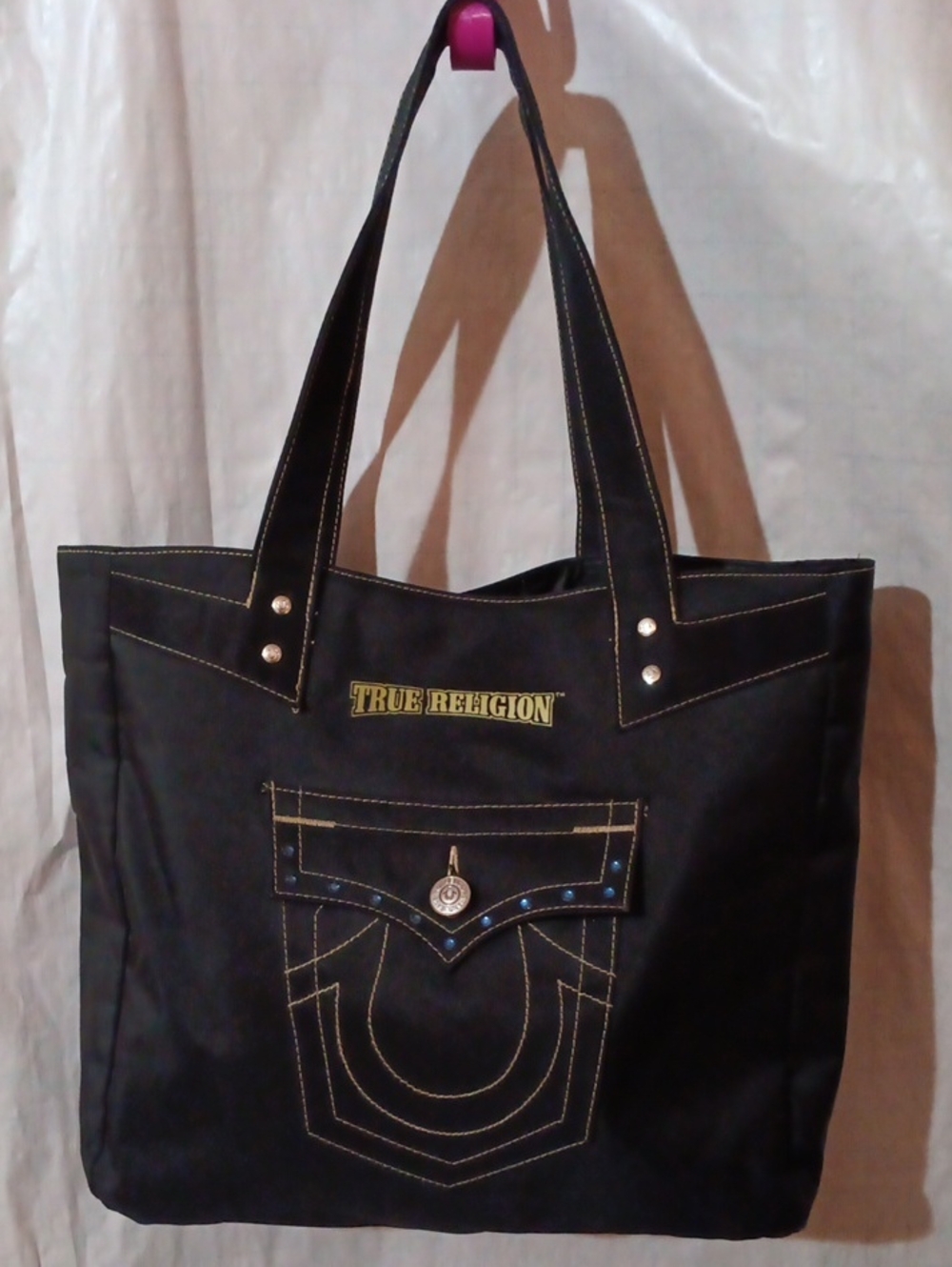 True Religion Black Tote Bag with Contrast Stitching